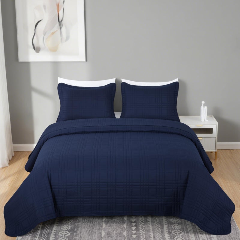 Chezmoi Collection Kingston Queen Size Bedspread Set, 3-Piece Navy Oversized Quilted Microfiber Lightweight Bedspread Coverlet (100"x106") for All Seasons - Image 3